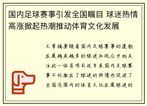 国内足球赛事引发全国瞩目 球迷热情高涨掀起热潮推动体育文化发展